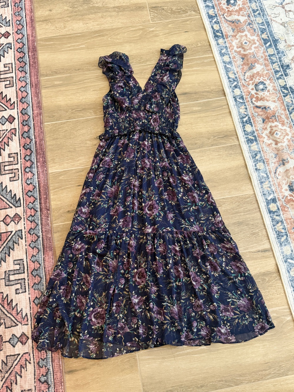 Metallic floral chiffon midi dress Size Large Melloday Nordstrom - Picture 2 of 4